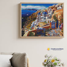 Load image into Gallery viewer, view of santorini diamond painting canvas kit layout by create love share
