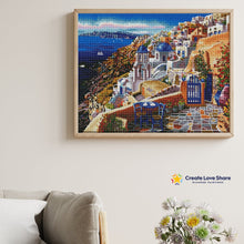 Load image into Gallery viewer, view of santorini diamond painting canvas kit layout by create love share
